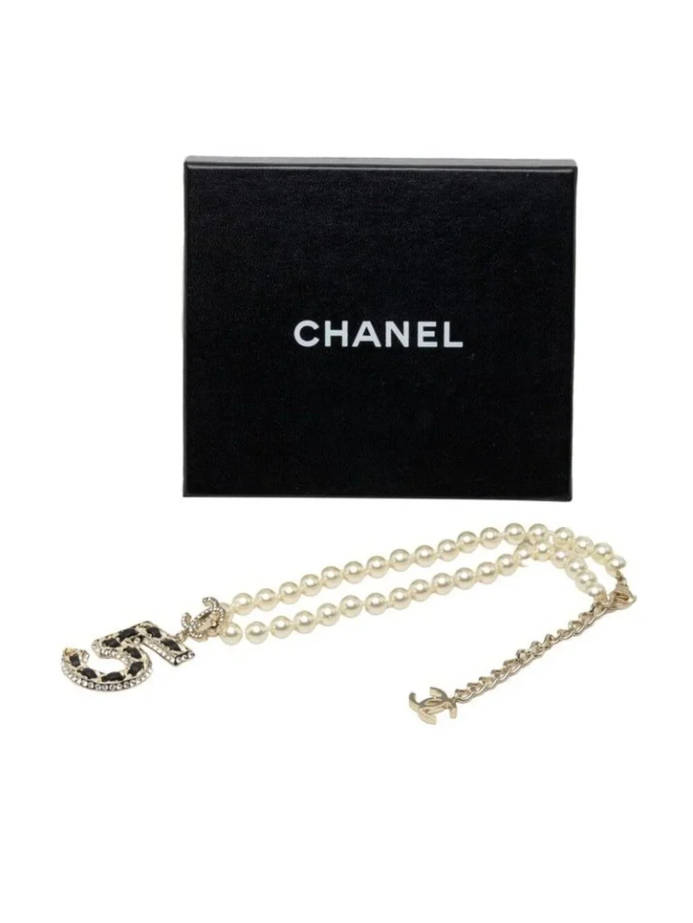 Chanel CC Logo Necklace Gold Black Plated Faux Pearl Rhinestone
